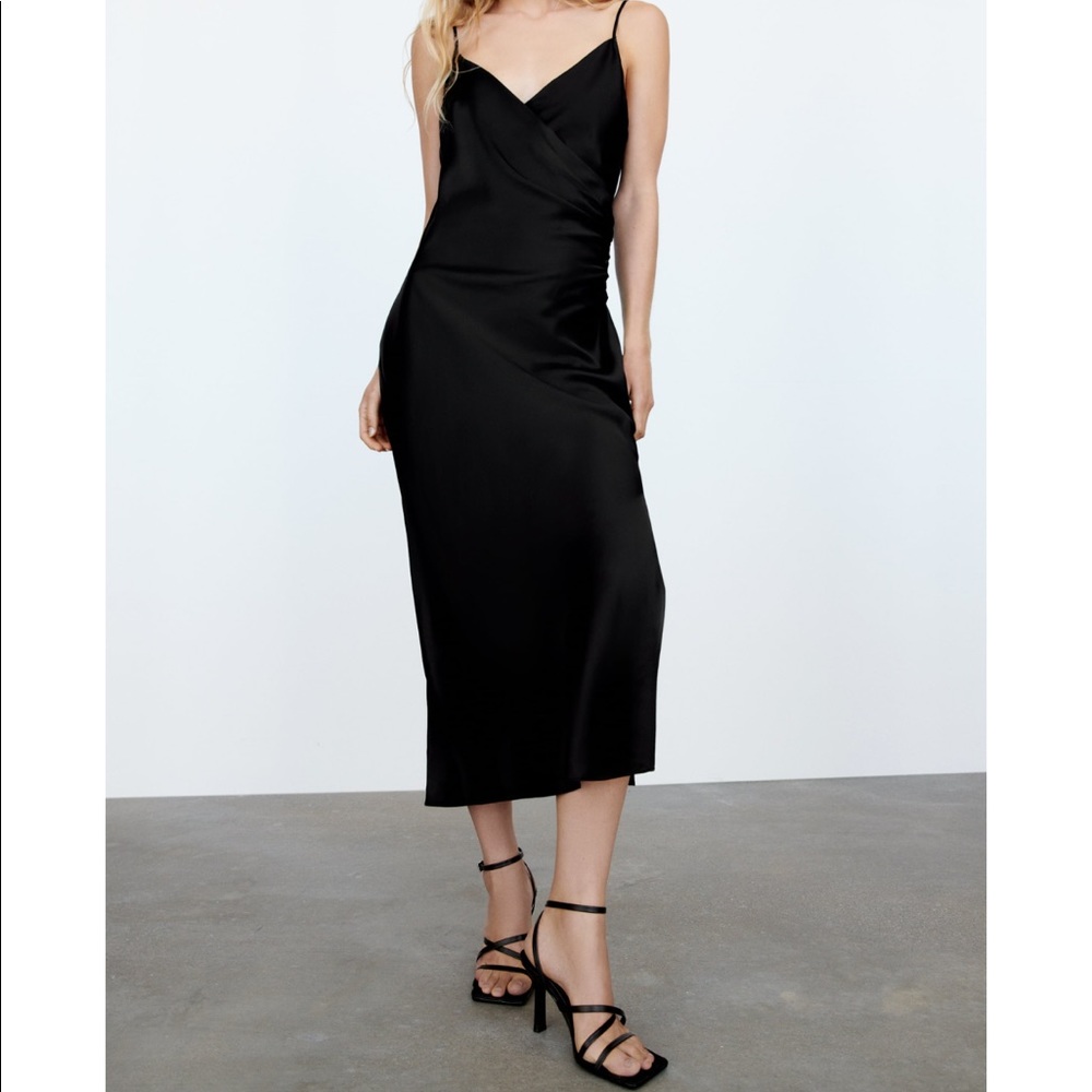ZARA Black Dress Vneck Draped Midi Dress, NWT